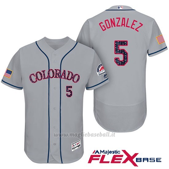 Maglia Baseball Uomo Colorado Rockies 2017 Estrellas y Rayas Carlos Gonzalez 5 Grigio Flex Base